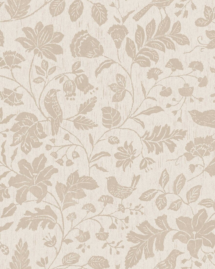 Our Isidor wallpaper depicts delicate birds nestled among graceful florals and leafy branches.