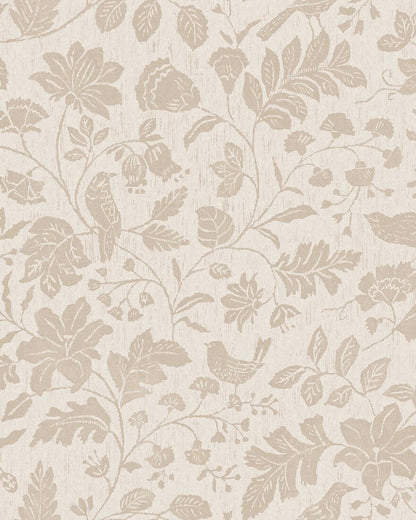 Our Isidor wallpaper depicts delicate birds nestled among graceful florals and leafy branches.