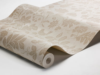 Our Isidor wallpaper depicts delicate birds nestled among graceful florals and leafy branches.
