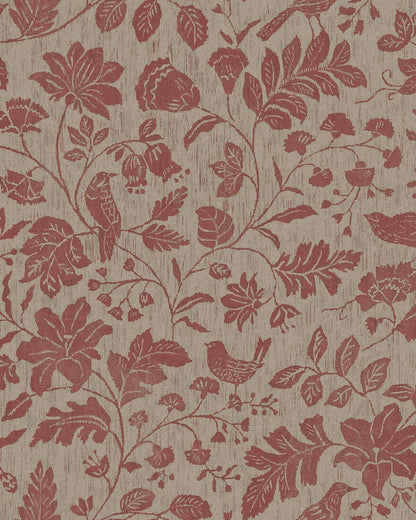 Colored in muted reddish-brown tones on a soft grey-brown base, our Isidor wallpaper reveals a graceful scene of birds and blossoms nestled among leafy branches. 