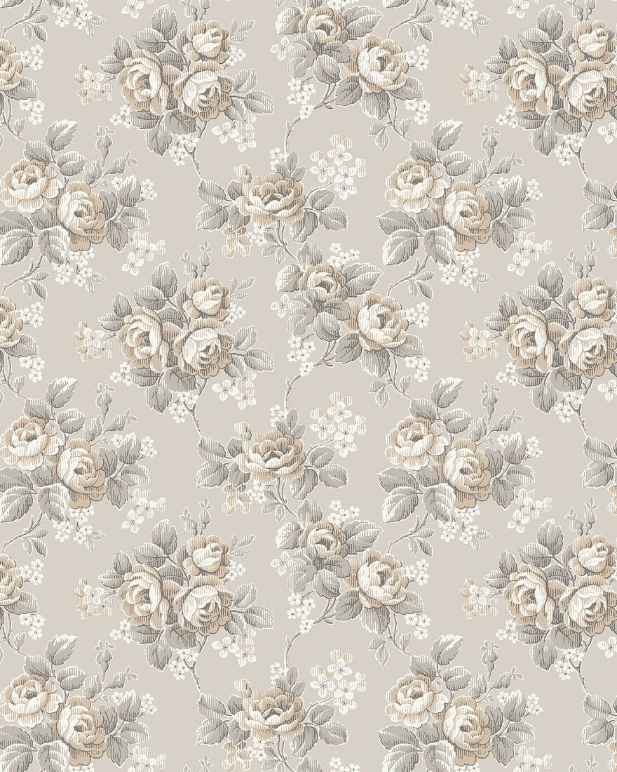 Colored in soothing tones of beige, soft grey-green, and white, our Helena wallpaper features blooming rose bouquets.