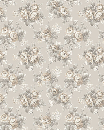 Colored in soothing tones of beige, soft grey-green, and white, our Helena wallpaper features blooming rose bouquets.