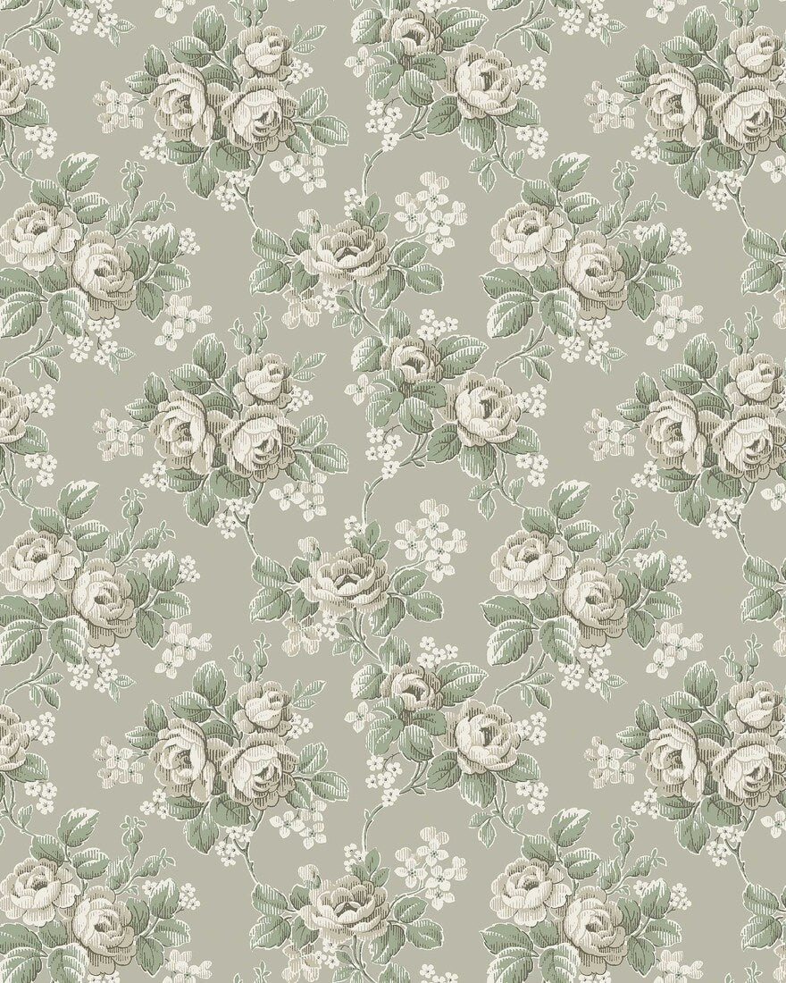 Set on a light linden-green background, our Helena wallpaper displays blooming climbing roses alongside small white flowers in tones of beige, green, and white.