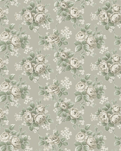 Set on a light linden-green background, our Helena wallpaper displays blooming climbing roses alongside small white flowers in tones of beige, green, and white.