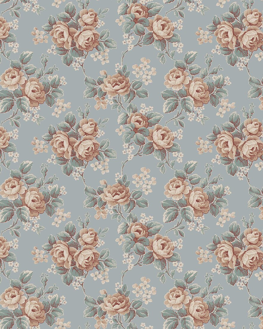 Colored in a soft sky-blue tone, our Helena wallpaper reprints a romantic archival rose design with clusters of blooms detailed in apricot, petrol blue, and cream-white.