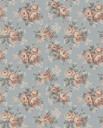 Colored in a soft sky-blue tone, our Helena wallpaper reprints a romantic archival rose design with clusters of blooms detailed in apricot, petrol blue, and cream-white.
