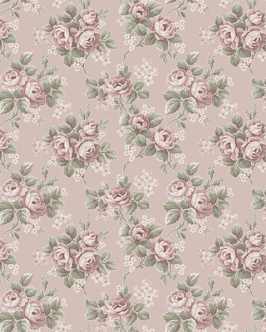 Set on a soft pink background with cool undertones, our Helena wallpaper features flowing rose bouquets in muted shades of pink, green, and cream-white. 