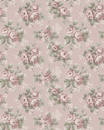 Set on a soft pink background with cool undertones, our Helena wallpaper features flowing rose bouquets in muted shades of pink, green, and cream-white. 