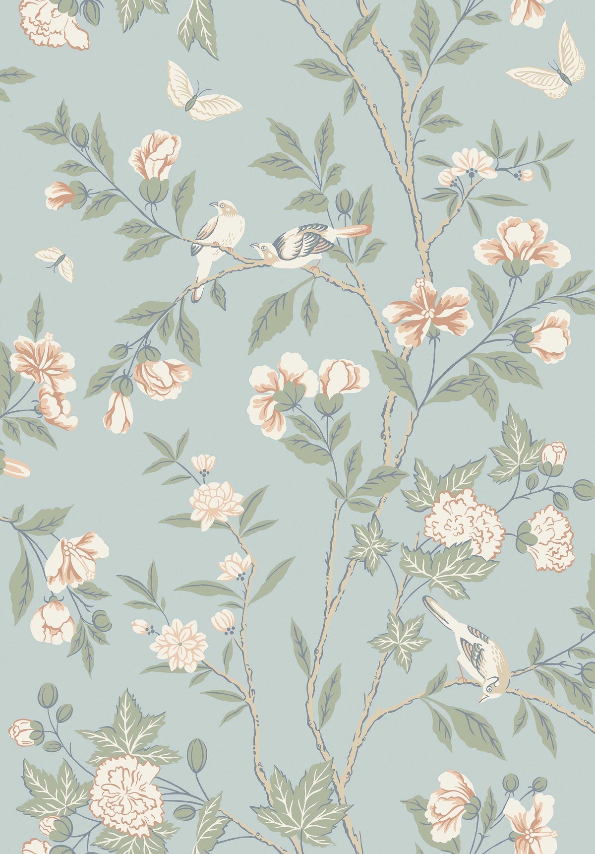  The light blue Floral wallpaper Sophia Magdalena is an updated version of a hand-painted Chinese wallpaper from the 18th century. 