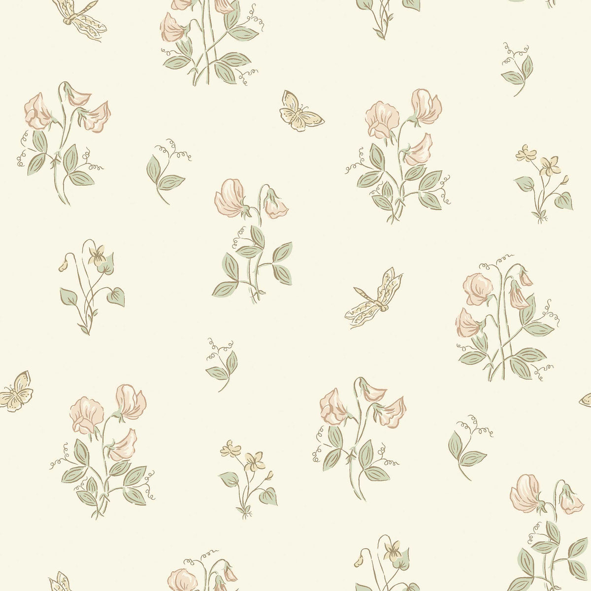 The light, Floral wallpaper Luktärt is adorned with sweet peas, sweet violets, dragonflies and butterflies in soft, warm pastel shades of Pink, green and honey yellow on an off-white background. Delightful and Romantic.
