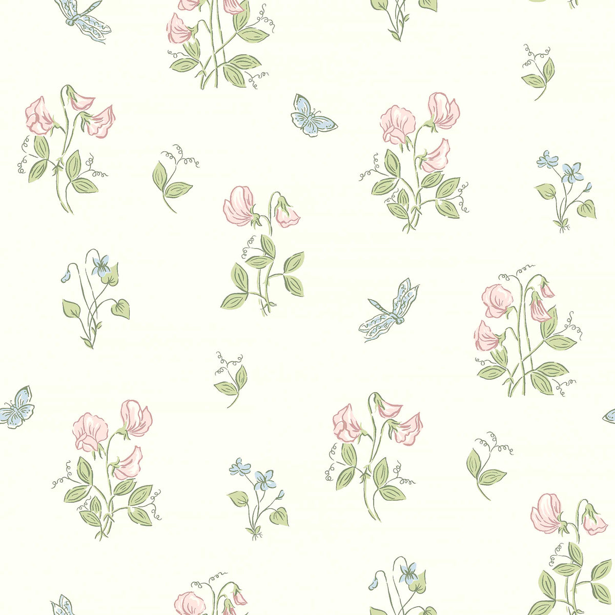  Luktärt is a Romantic, floral wallpaper with an airy pattern of sweet violets, sweet peas, and fluttering dragonflies and butterflies. 