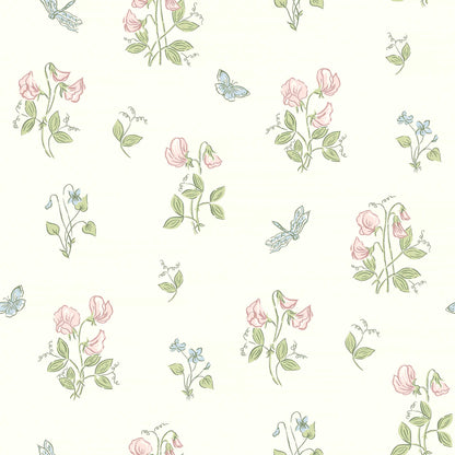  Luktärt is a Romantic, floral wallpaper with an airy pattern of sweet violets, sweet peas, and fluttering dragonflies and butterflies. 