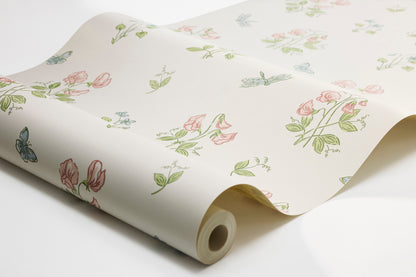  Luktärt is a Romantic, floral wallpaper with an airy pattern of sweet violets, sweet peas, and fluttering dragonflies and butterflies. 