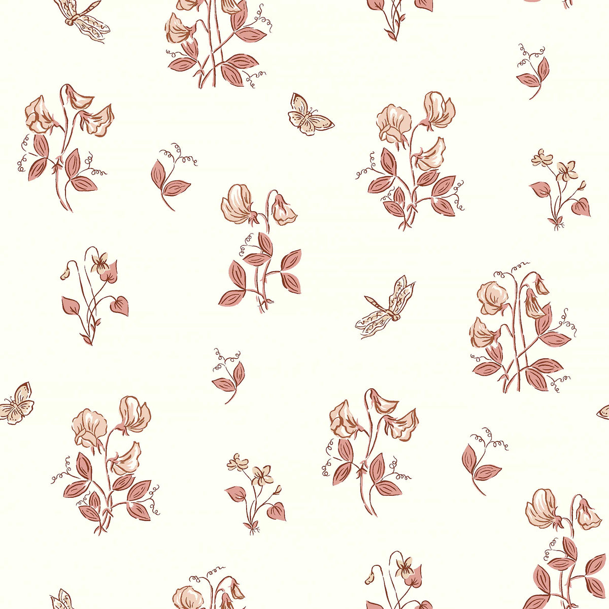  An airy pattern of fragrant flowers and beautiful insects adorns the Floral wallpaper Luktärt. 