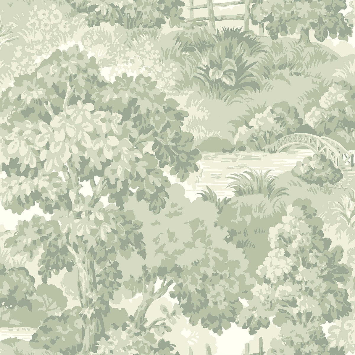  A lush, park-like landscape with large, sculptural trees and beautifully arched bridges covers the beautiful 1940s wallpaper Alnarp. 