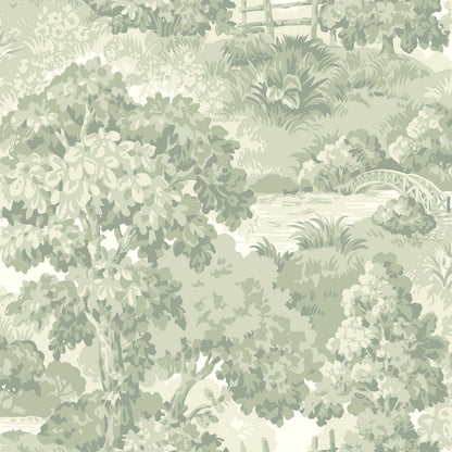  A lush, park-like landscape with large, sculptural trees and beautifully arched bridges covers the beautiful 1940s wallpaper Alnarp. 