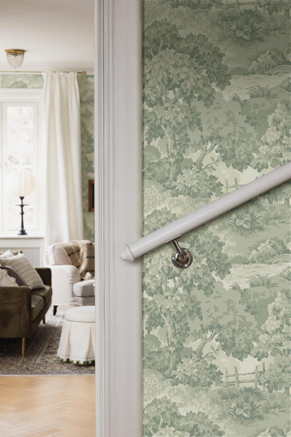  A lush, park-like landscape with large, sculptural trees and beautifully arched bridges covers the beautiful 1940s wallpaper Alnarp. 