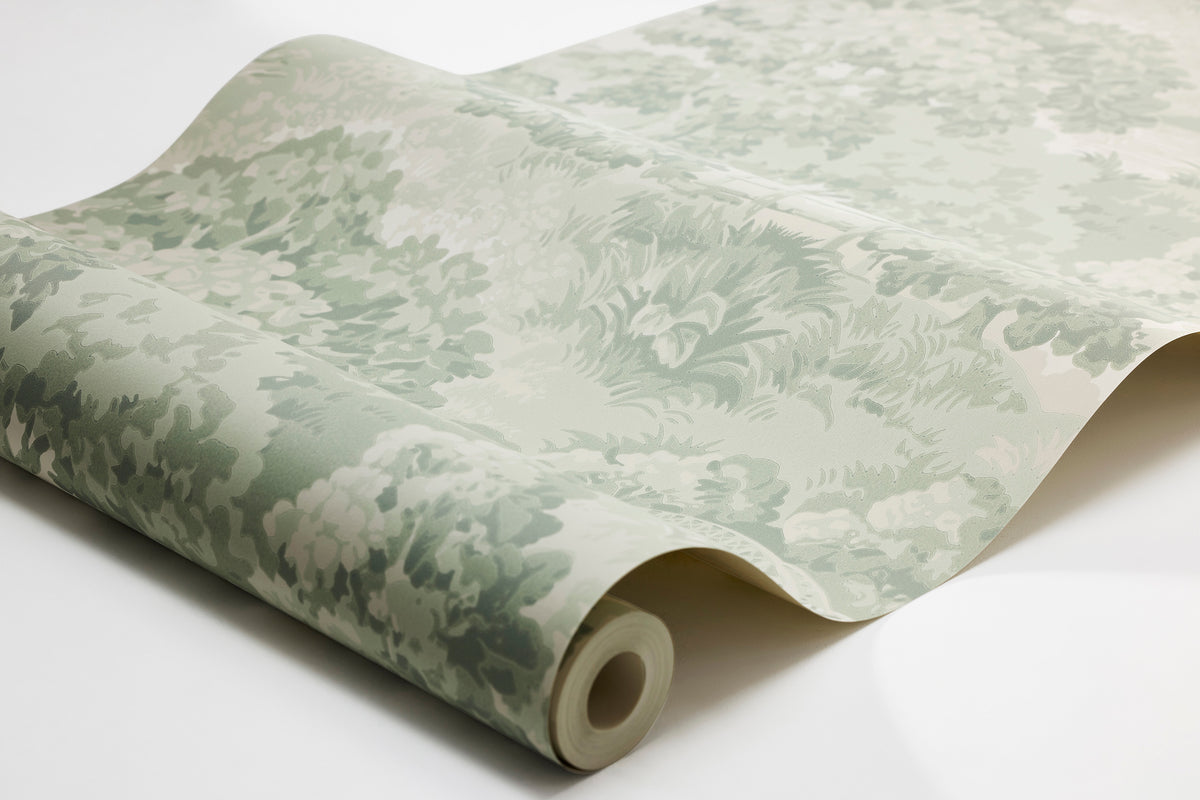  A lush, park-like landscape with large, sculptural trees and beautifully arched bridges covers the beautiful 1940s wallpaper Alnarp. 