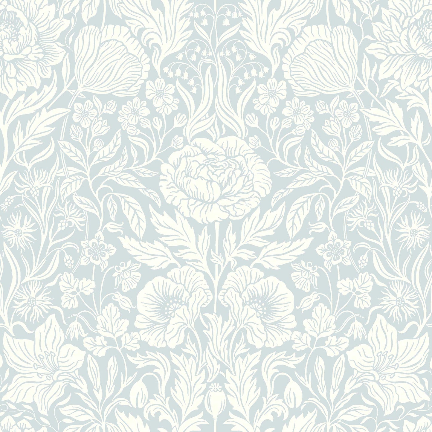  Inspired by the Leksand manor house of the same name, we created the large-floral wallpaper Hildasholm, shown here in glue print with a white pattern on a light blue background. 