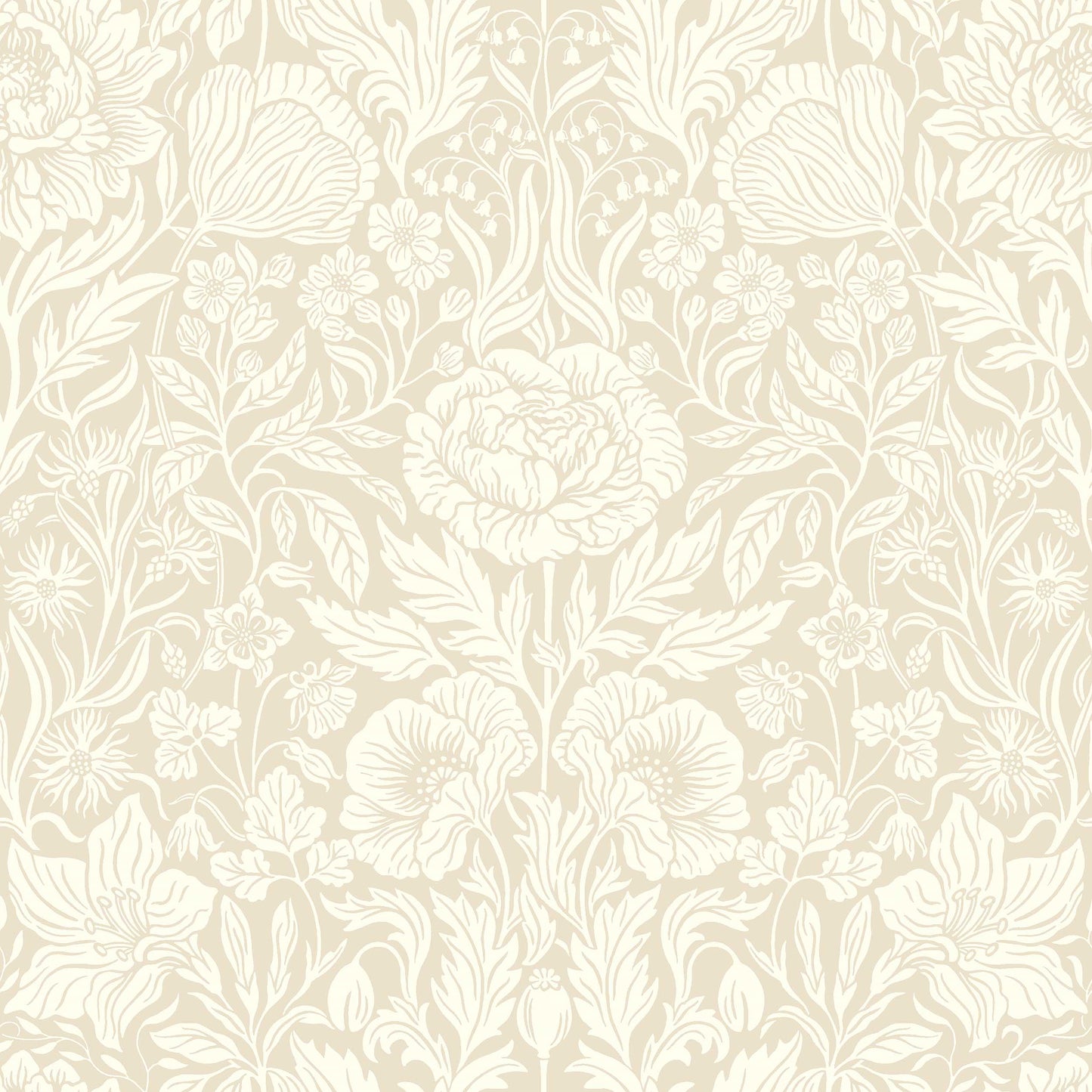 The light, large-floral wallpaper Hildasholm is adorned with a dense Arts and Crafts-inspired pattern made up of peonies, cornflowers, lily of the valley and other local plants from the gardens around Hildasholm manor house in Leksand.