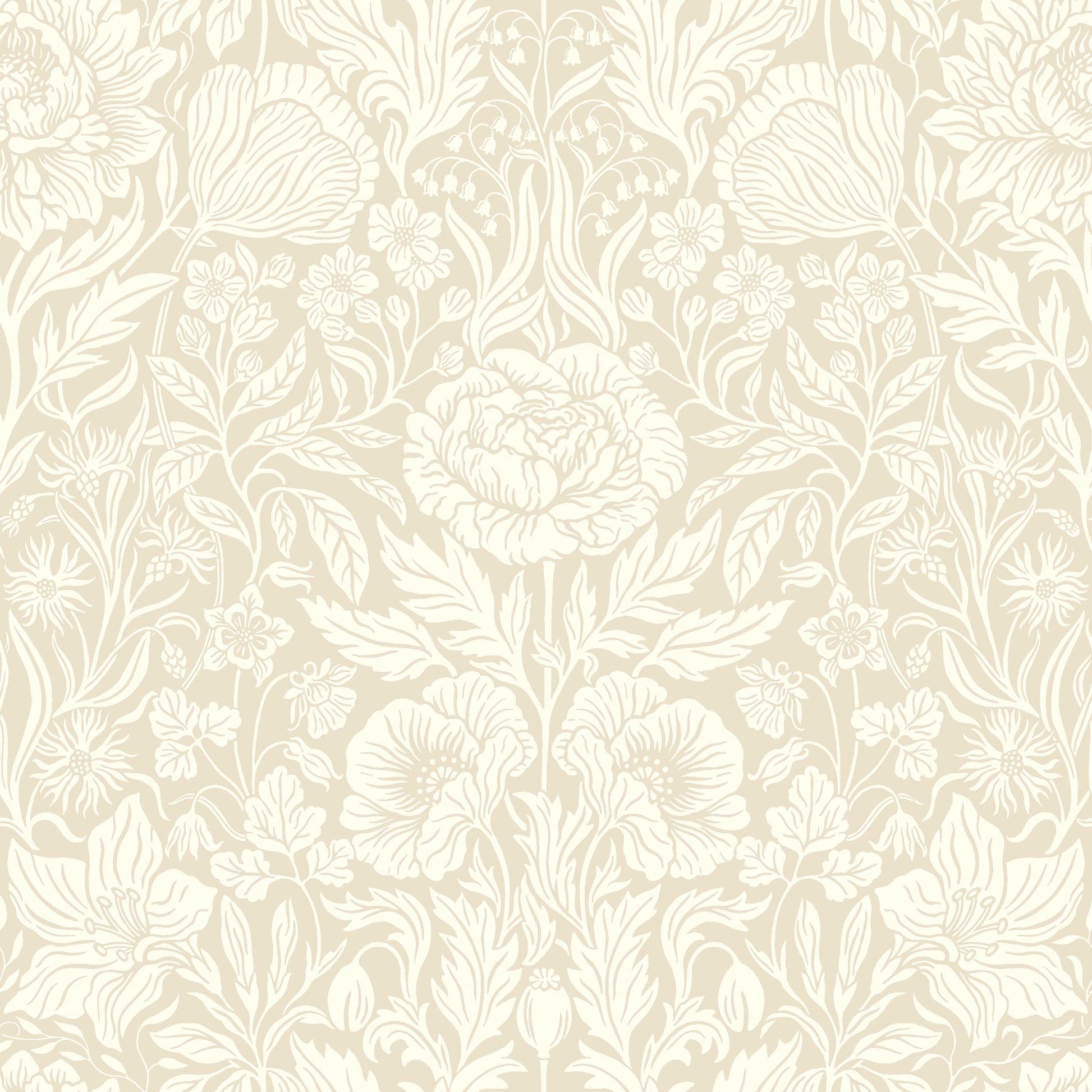 The light, large-floral wallpaper Hildasholm is adorned with a dense Arts and Crafts-inspired pattern made up of peonies, cornflowers, lily of the valley and other local plants from the gardens around Hildasholm manor house in Leksand.