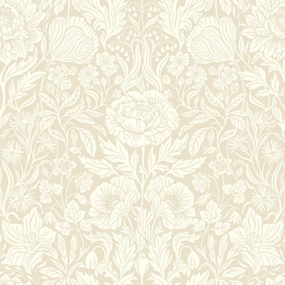 The light, large-floral wallpaper Hildasholm is adorned with a dense Arts and Crafts-inspired pattern made up of peonies, cornflowers, lily of the valley and other local plants from the gardens around Hildasholm manor house in Leksand.