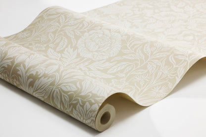 The light, large-floral wallpaper Hildasholm is adorned with a dense Arts and Crafts-inspired pattern made up of peonies, cornflowers, lily of the valley and other local plants from the gardens around Hildasholm manor house in Leksand.