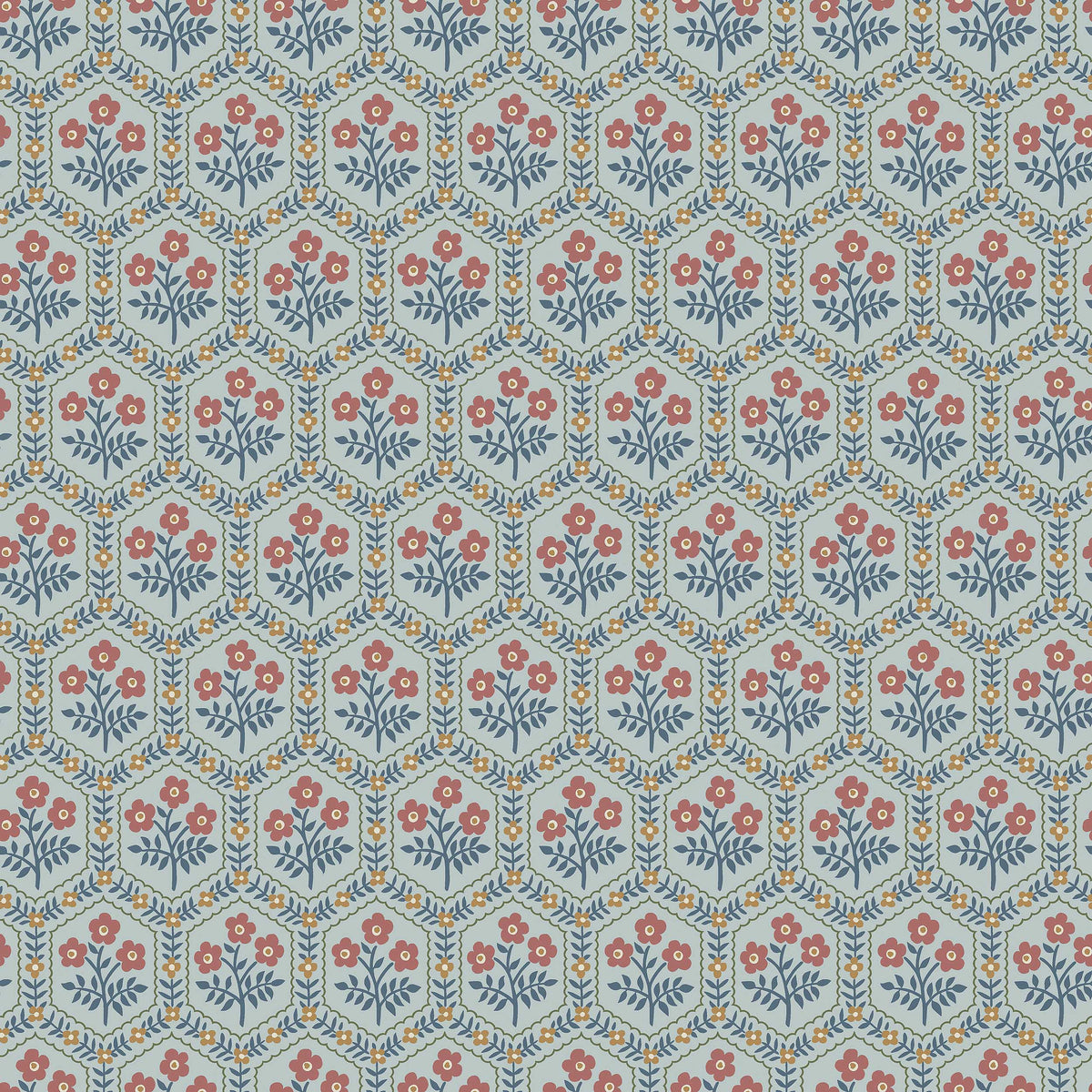 Cecilia is a small-scale floral wallpaper with a rhythmic pattern of sweet little flowers framed by geometric floral garlands.
