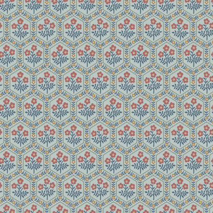 Cecilia is a small-scale floral wallpaper with a rhythmic pattern of sweet little flowers framed by geometric floral garlands.