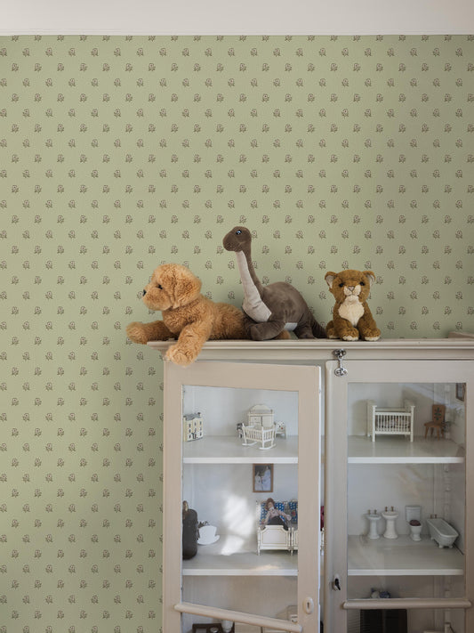  Déesiré is a Classic, small-floral wallpaper with an airy, hand-painted pattern of charming little flowers on a dotted background. 