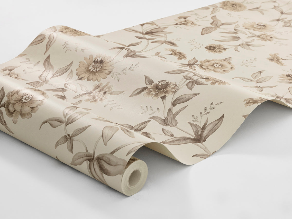Across the Floral wallpaper Zinnia, a flowing pattern of different varieties of zinnias winds its way.