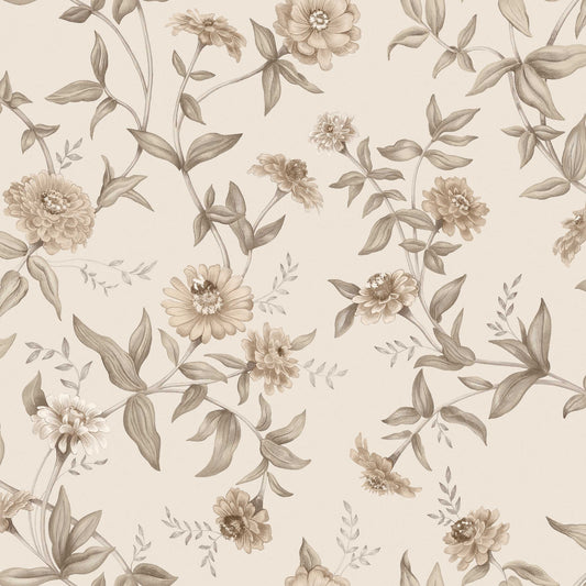 Across the Floral wallpaper Zinnia, a flowing pattern of different varieties of zinnias winds its way.