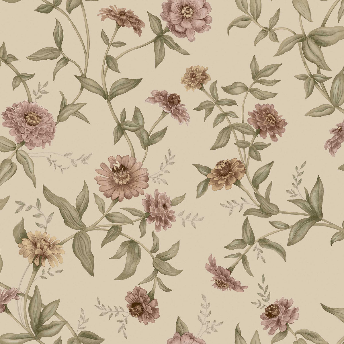 Flowing floral garlands cover the Floral wallpaper Zinnia – a romantic pattern that feels both powerful and delicate thanks to its airy composition.