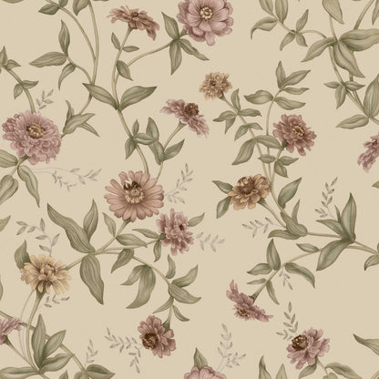 Flowing floral garlands cover the Floral wallpaper Zinnia – a romantic pattern that feels both powerful and delicate thanks to its airy composition.