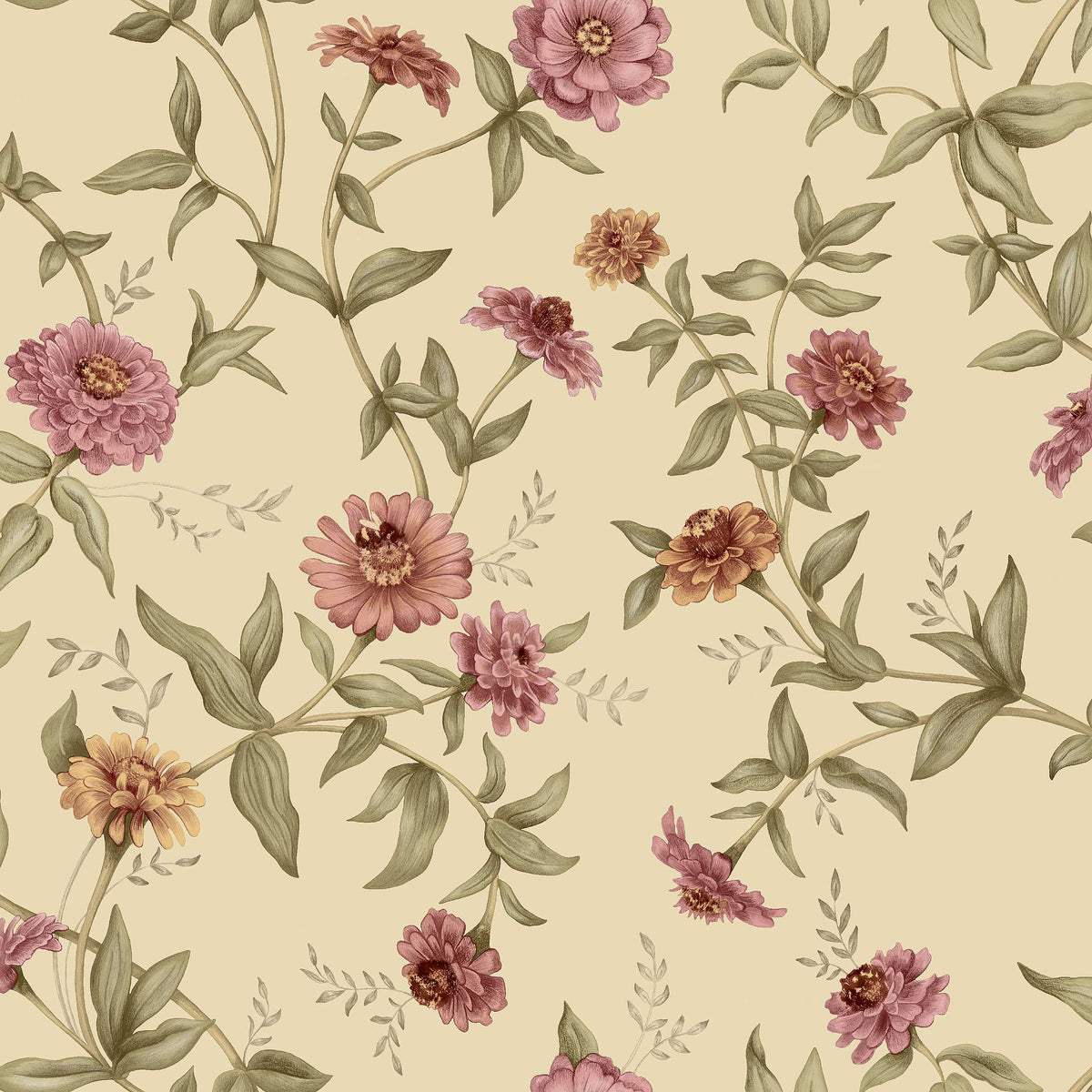 On the Zinnia wallpaper, buzzing bumblebees flutter from flower to flower. The flowing pattern of zinnias is hand-drawn in pencil and then intaglio printed as wallpaper.