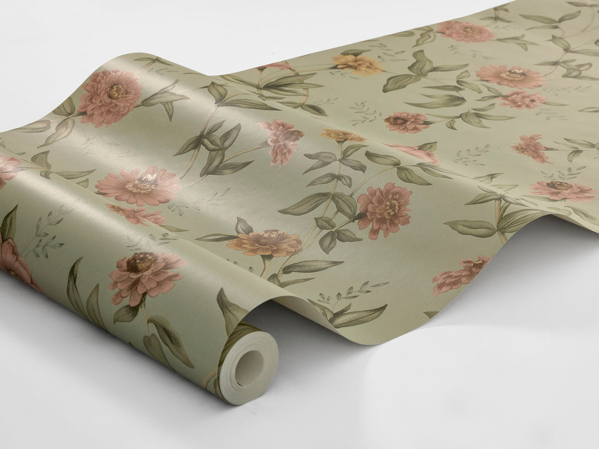 Lush floral garlands and the occasional buzzing bumblebee adorn the Floral wallpaper Zinnia.