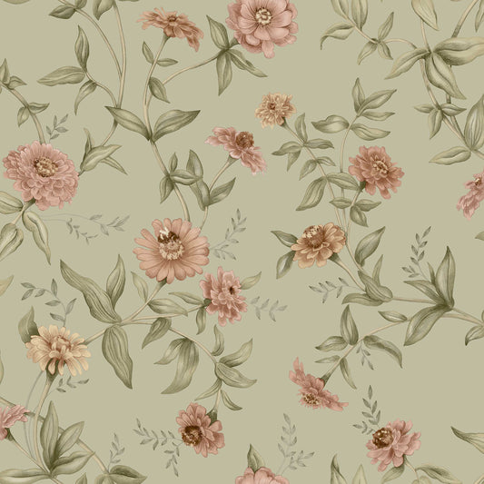 Lush floral garlands and the occasional buzzing bumblebee adorn the Floral wallpaper Zinnia.