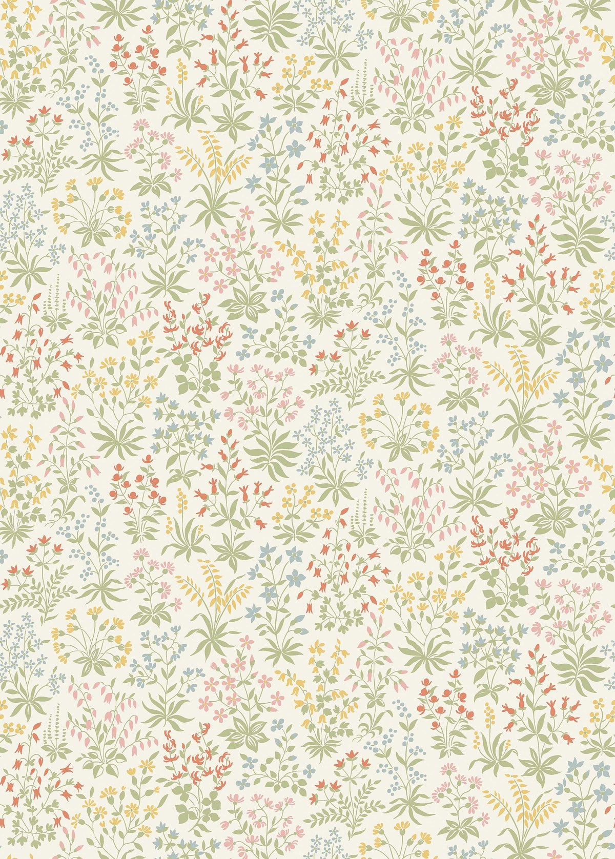 The light, small-flowered wallpaper Vildflora is covered with multicolored, stylized wildflowers.