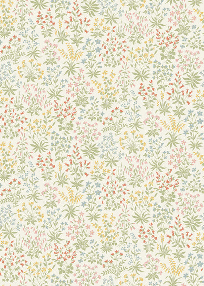 The light, small-flowered wallpaper Vildflora is covered with multicolored, stylized wildflowers.