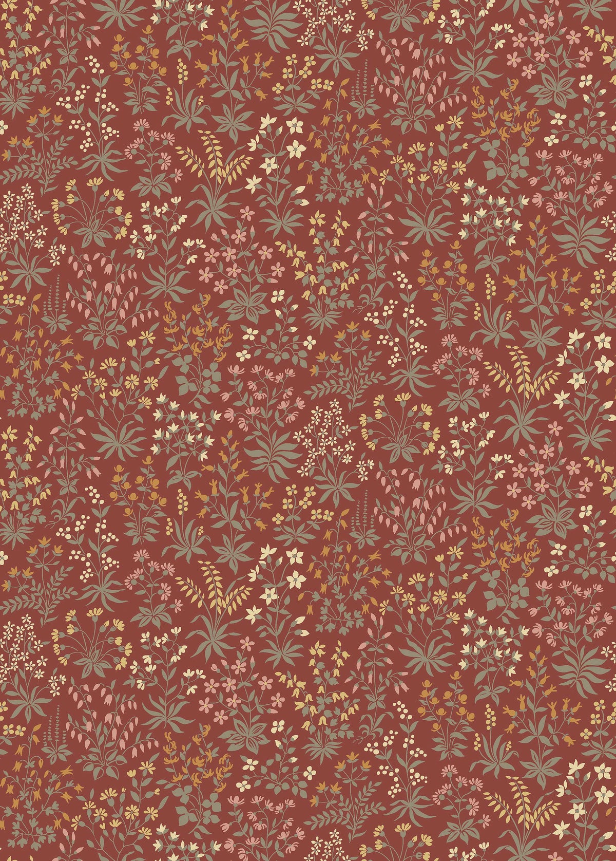 Sweet, stylised wildflowers in soft shades of grey-green, brick orange, warm white, yellow and Pink cover the red Vildflora wallpaper.