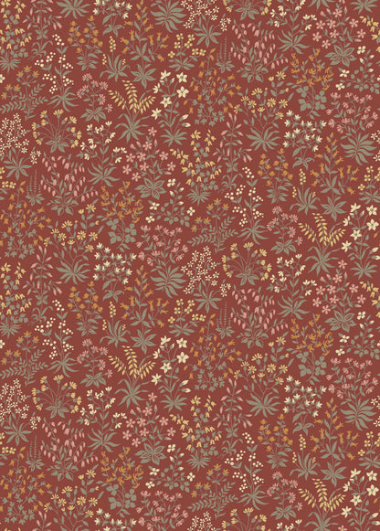 Sweet, stylised wildflowers in soft shades of grey-green, brick orange, warm white, yellow and Pink cover the red Vildflora wallpaper.