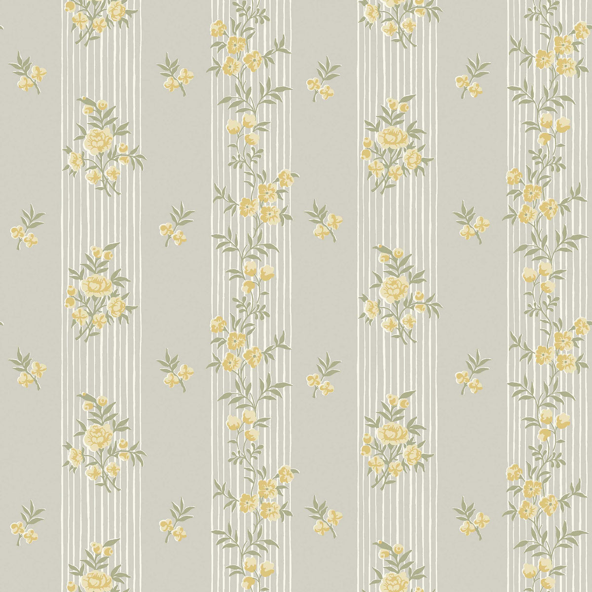 Garlands of black-eyed Susans and sweet little rose bouquets adorn the Striped mural wallpaper Hufvudsta Gård.