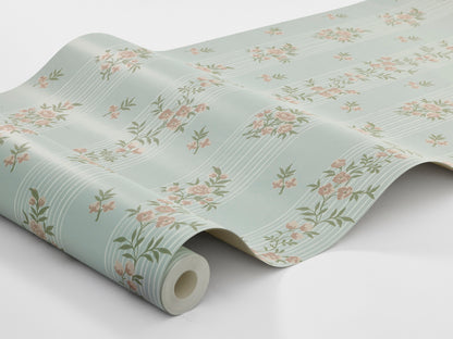 The romantic, Striped wallpaper Hufvudsta Gård originally dates back to around 1800, but we are now breathing new life into this beautiful pattern: delicate floral garlands of Pink rose and black-eyed Susan on a sweet sky-blue background with white stripes. 