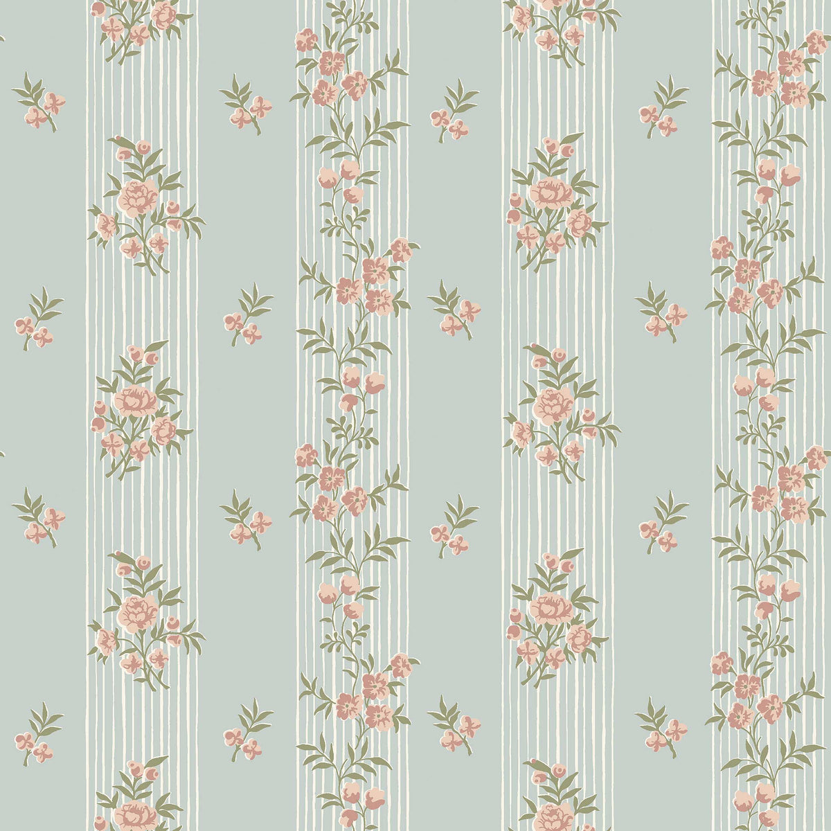 The romantic, Striped wallpaper Hufvudsta Gård originally dates back to around 1800, but we are now breathing new life into this beautiful pattern: delicate floral garlands of Pink rose and black-eyed Susan on a sweet sky-blue background with white stripes. 