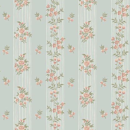 The romantic, Striped wallpaper Hufvudsta Gård originally dates back to around 1800, but we are now breathing new life into this beautiful pattern: delicate floral garlands of Pink rose and black-eyed Susan on a sweet sky-blue background with white stripes. 