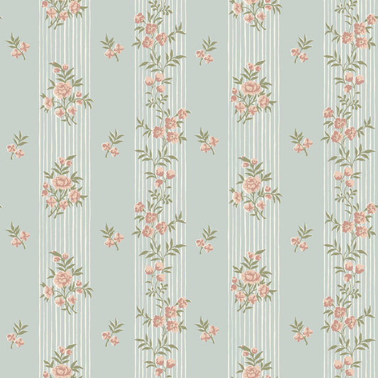 The romantic, Striped wallpaper Hufvudsta Gård originally dates back to around 1800, but we are now breathing new life into this beautiful pattern: delicate floral garlands of Pink rose and black-eyed Susan on a sweet sky-blue background with white stripes. 
