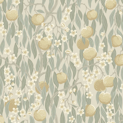 Like an elegant drapery of stylized fruits, flowers and leaves, the Persikoträd wallpaper dresses the room’s walls. The pattern is hand-painted in gouache and then traditionally printed as wallpaper using the glue-printing technique.