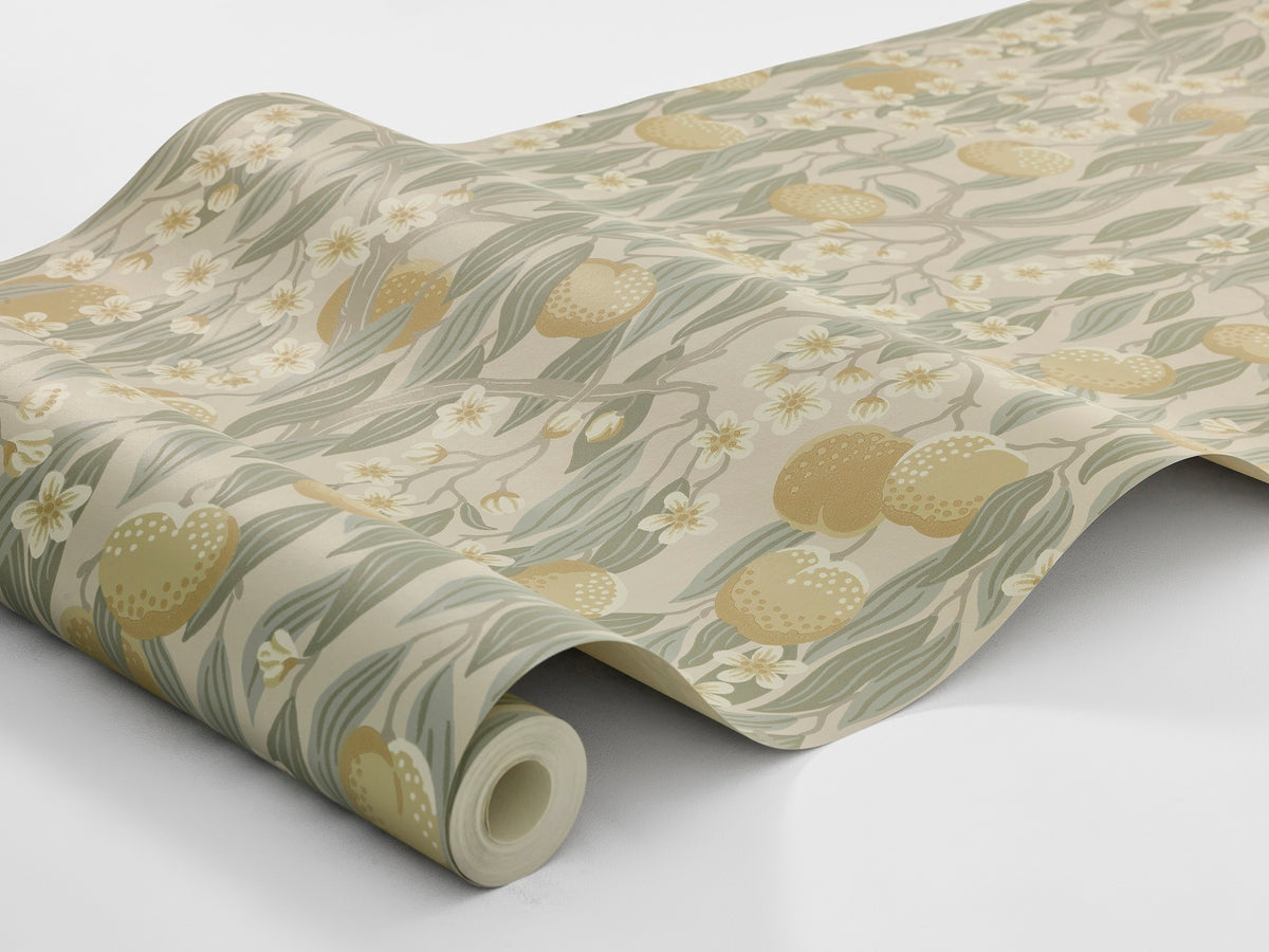 Like an elegant drapery of stylized fruits, flowers and leaves, the Persikoträd wallpaper dresses the room’s walls. The pattern is hand-painted in gouache and then traditionally printed as wallpaper using the glue-printing technique.