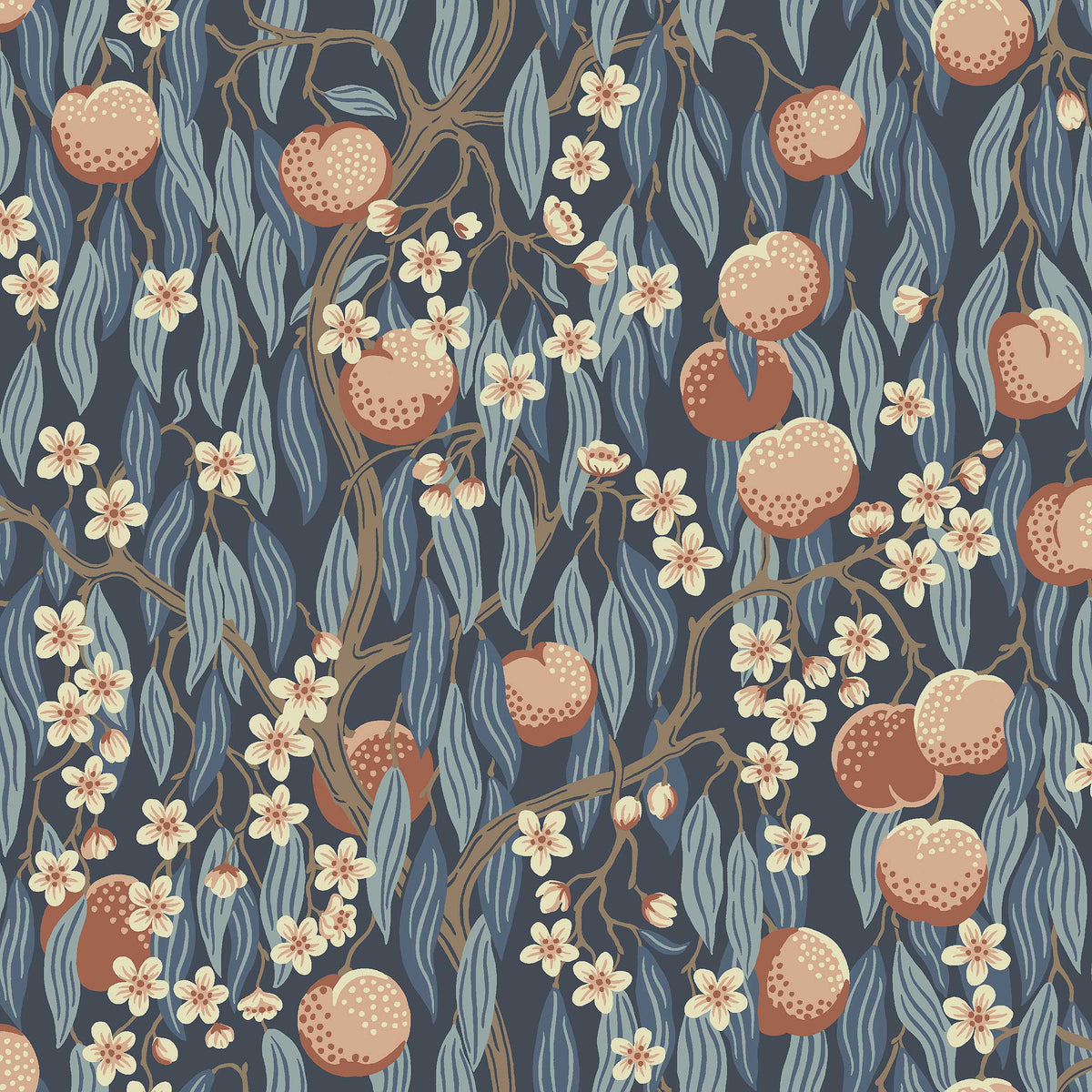 The dark blue Peachtree wallpaper is adorned with apricot-pink peaches and white-pink blossoms in foliage in shades of Blue.