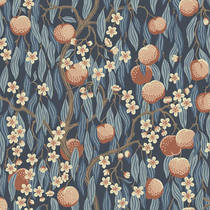 The dark blue Peachtree wallpaper is adorned with apricot-pink peaches and white-pink blossoms in foliage in shades of Blue.